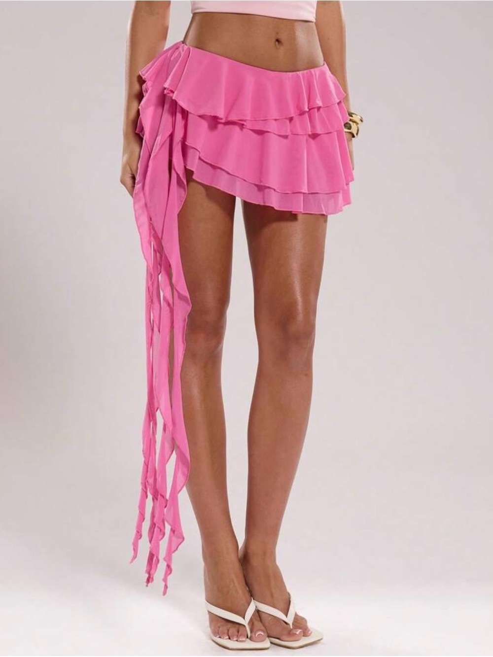 Ruffled Layered Pink Mini Skirt Trim Tie Side